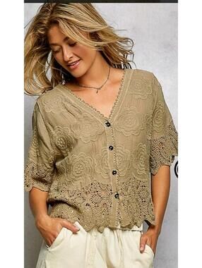 POL Open Front Crochet Heart Button Front Pattern Crochet Cardigan One Size